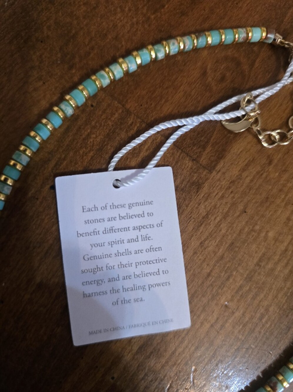Turquoise Beaded Necklace with Gold-Trim Shell Pendant - Picture 3 of 5